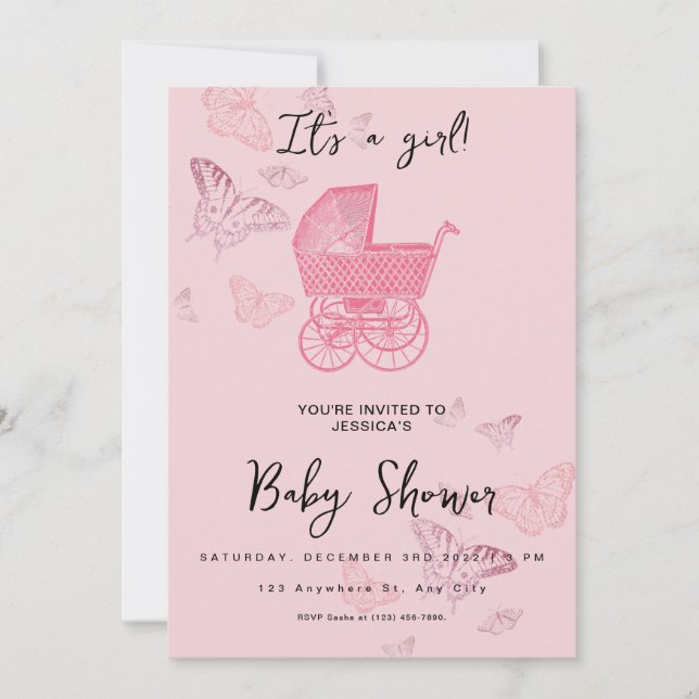Invitación Pink Vintage Stroller Baby Girl Shower (Anverso)