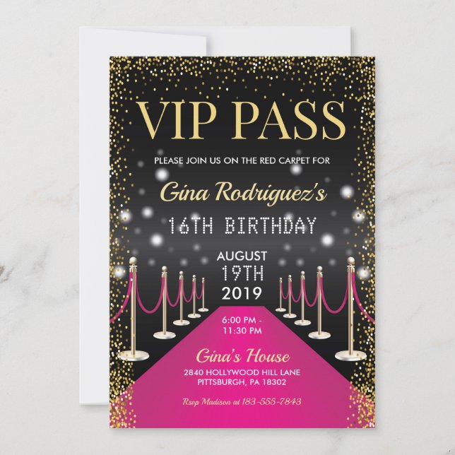 Invitación Pink VIP Pass Hollywood Red Carpet Cumpleaños (Anverso)