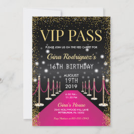 Invitación Pink VIP Pass Hollywood Red Carpet Cumpleaños