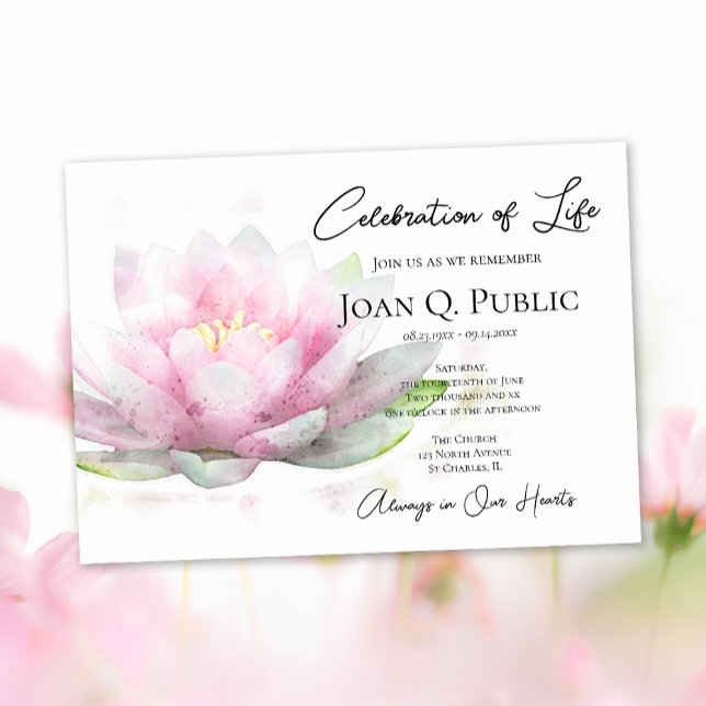 Invitación Pink Water Lily Watercolor Celebration of Life (Subido por el creador)