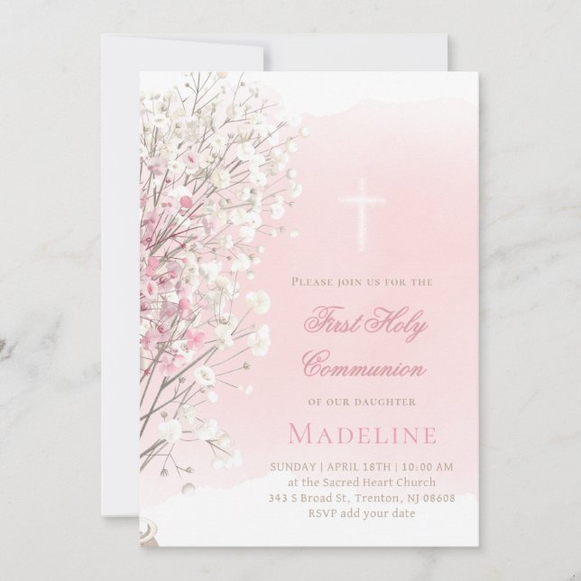 Invitación pink watercolor baby's breath |  First Communion (Anverso)