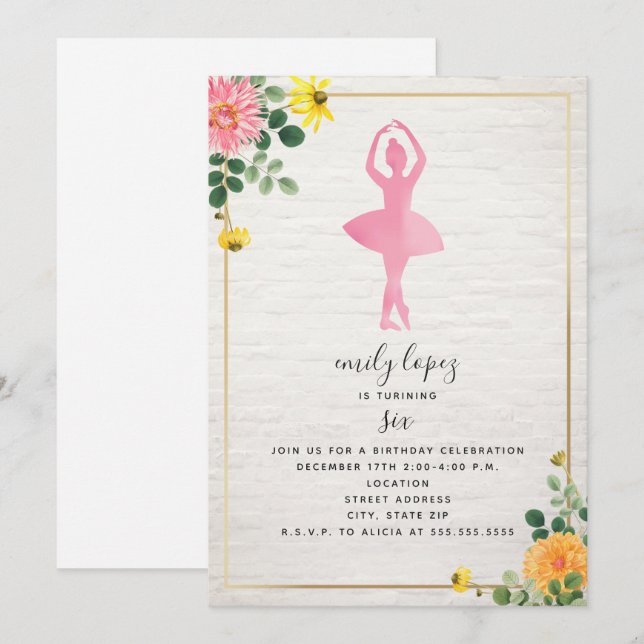 Invitación Pink Watercolor Ballerina Brick Floral Cumpleaños (Anverso / Reverso)