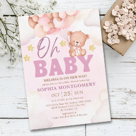 Invitación Pink Watercolor Bear Baby Shower Girl