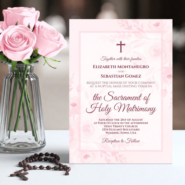 Invitación Pink Watercolor Boho Chic Peonies Catholic Wedding (Subido por el creador)