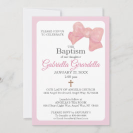Invitación Pink Watercolor Bow & Cross Baptism Invitation