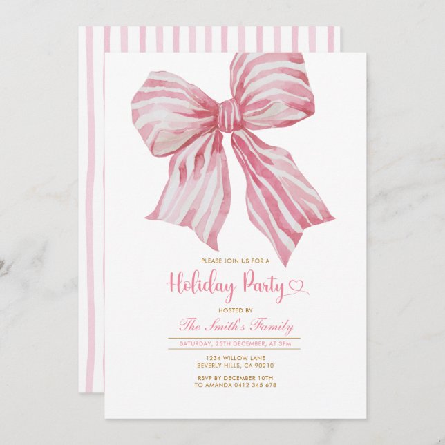 Invitación Pink Watercolor Bow Holiday Party Invitation (Anverso / Reverso)