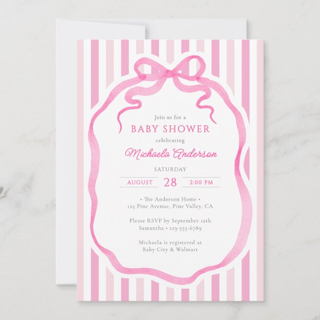 Invitación Pink Watercolor Bow & Stripes Baby Shower (Anverso)