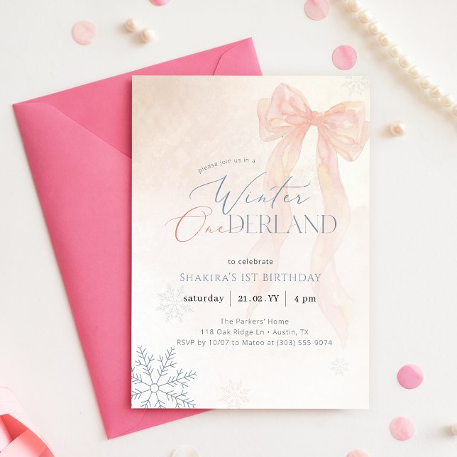 Invitación Pink Watercolor Bow Winter Onederland 1st Birthday (Subido por el creador)