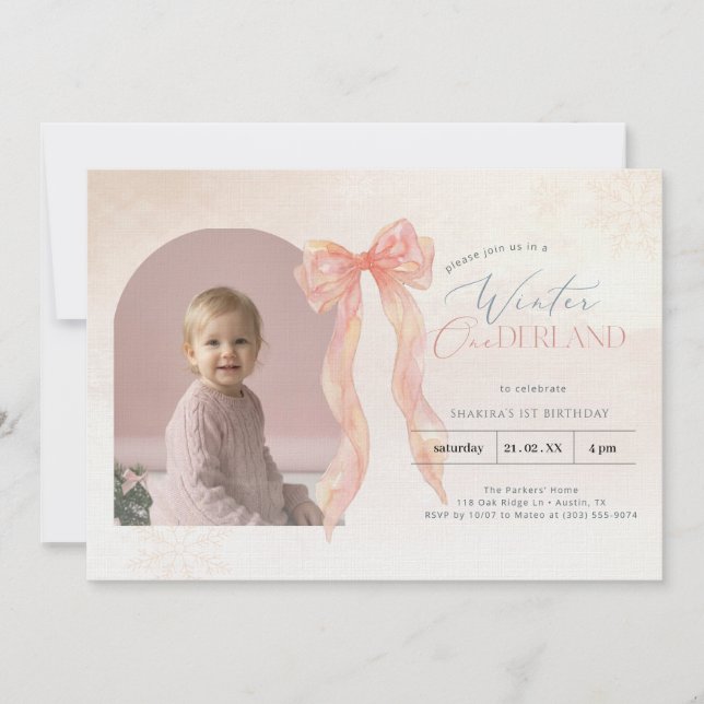 Invitación Pink Watercolor Bow Winter Onederland Arch Photo (Anverso)