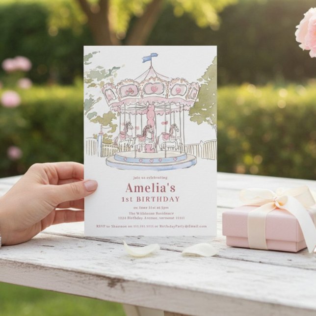 Invitación Pink Watercolor Carousel 1st Birthday Announcement (Subido por el creador)