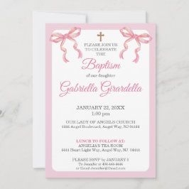 Invitación Pink Watercolor Double Bow & Cross Baptism