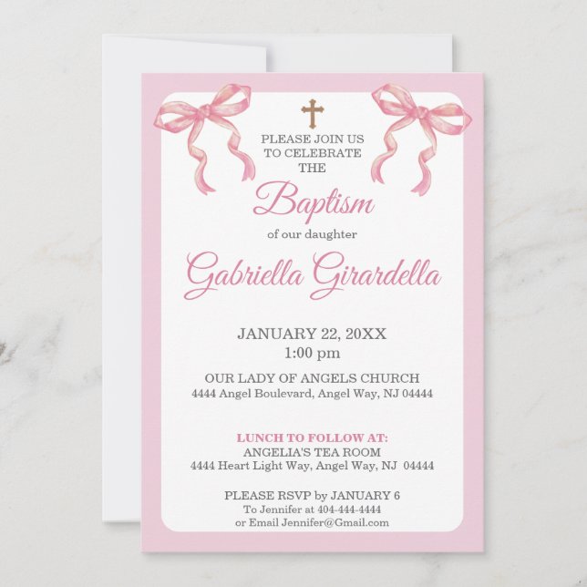 Invitación Pink Watercolor Double Bow & Cross Baptism (Anverso)