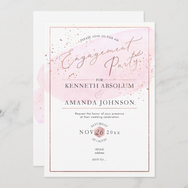 Invitación Pink Watercolor Elegant Script Engagement Party (Anverso / Reverso)