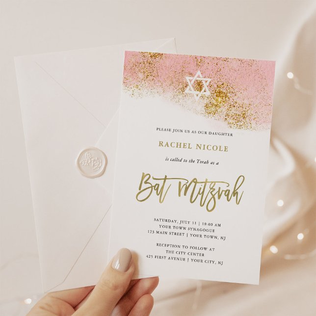 Invitación Pink Watercolor | Faux Gold Bat Mitzvah (Subido por el creador)