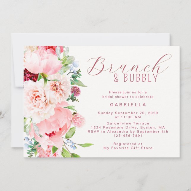 Invitación Pink Watercolor Floral Bridal Brunch  (Anverso)