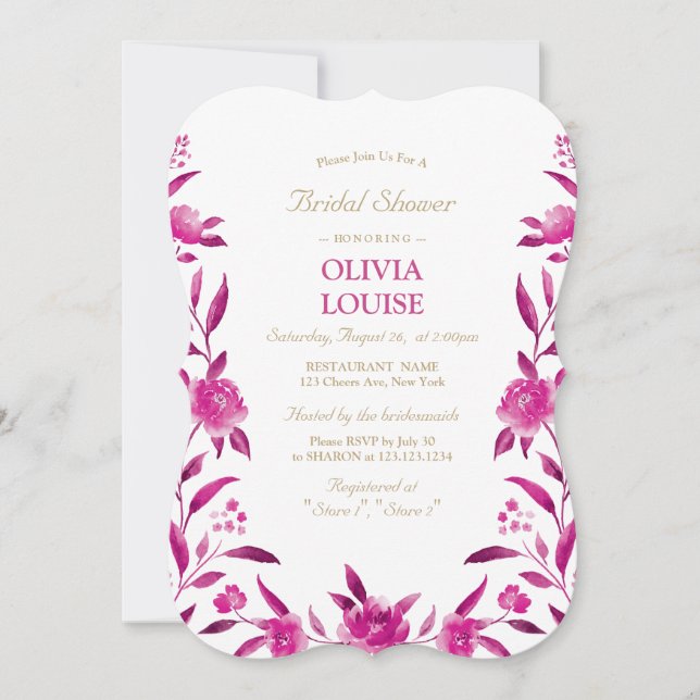 Invitación Pink Watercolor floral Chinoiserie ducha de novia (Anverso)