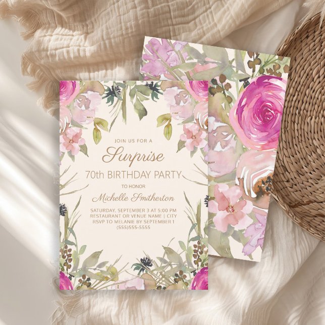 Invitación Pink Watercolor Floral Sorpresa 70 cumpleaños (Elegant pink watercolor floral and sage green leaves surprise 70th birthday party invitation)