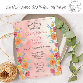 Invitación Pink Watercolor Florals 40 cumpleaños