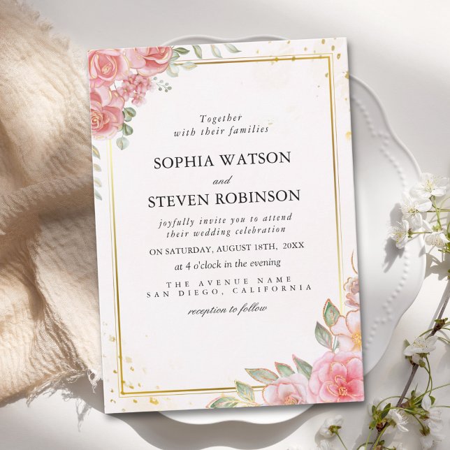 Invitación Pink Watercolor flowers Gold Modern Wedding Party  (Subido por el creador)