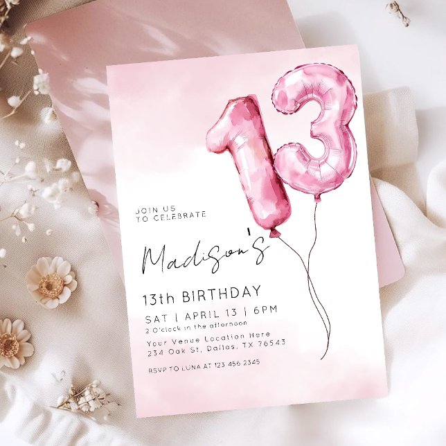 Invitación Pink Watercolor Foil Balloon 13th Birthday (Subido por el creador)