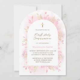Invitación pink watercolor foliage First Holy Communion 