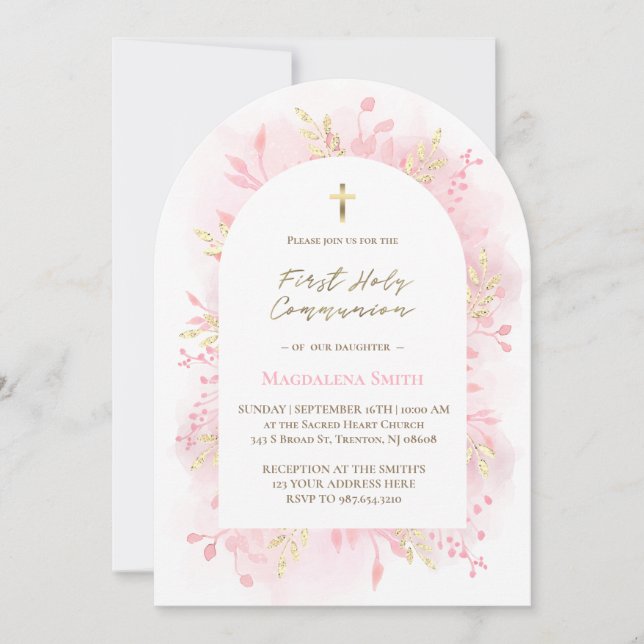 Invitación pink watercolor foliage First Holy Communion  (Anverso)