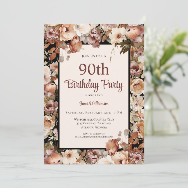 Invitación Pink Watercolor Garden Floral 90 cumpleaños (Anverso de pie)