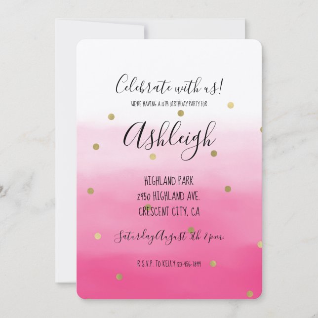 Invitación Pink Watercolor Gold Confetti Ombre Cumpleaños (Anverso)