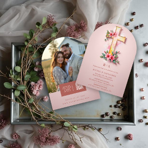 Invitación Pink Watercolor Pastel Floral Cross-Shape Wedding