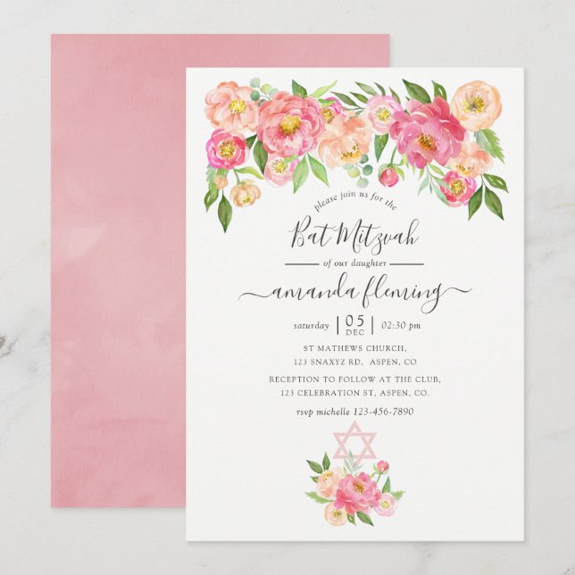 Invitación Pink Watercolor Peonies Bat Mitzvah (Anverso / Reverso)