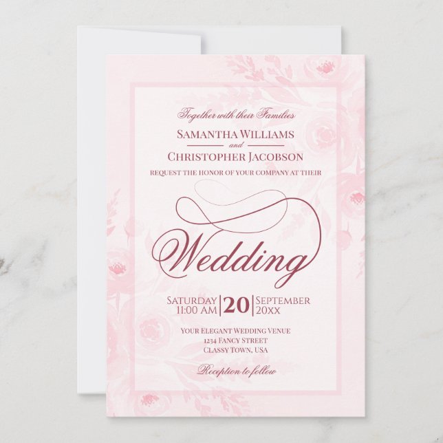 Invitación Pink Watercolor Peonies Fancy Script Wedding (Anverso)
