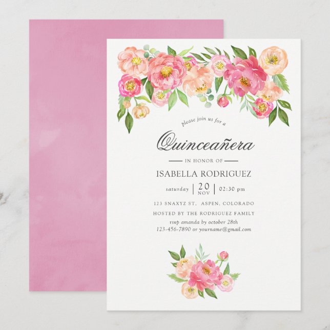 Invitación Pink Watercolor Peonies Quinceañera (Anverso / Reverso)