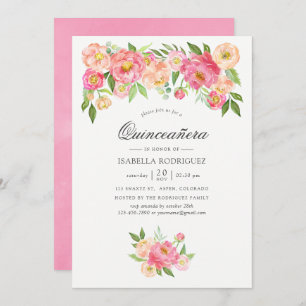 Invitación Pink Watercolor Peonies Quinceañera