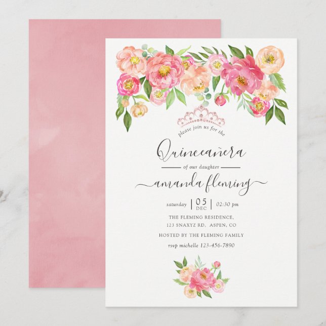 Invitación Pink Watercolor Peonies Quinceañera (Anverso / Reverso)