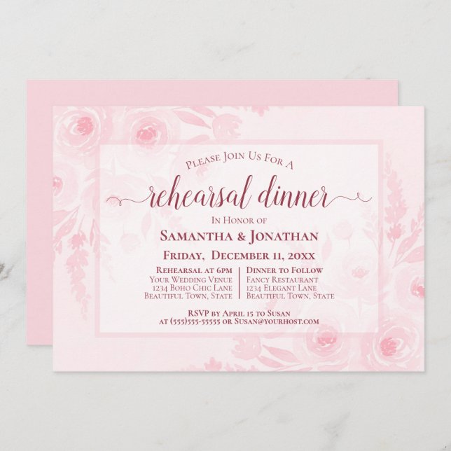 Invitación Pink Watercolor Peonies Wedding Rehearsal Dinner (Anverso / Reverso)