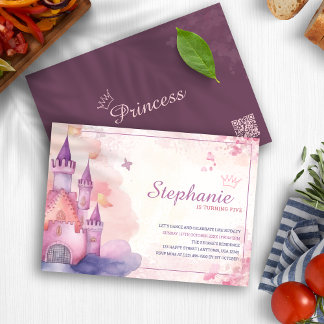 Invitación Pink Watercolor Princess Castle Fiesta de cumpleañ