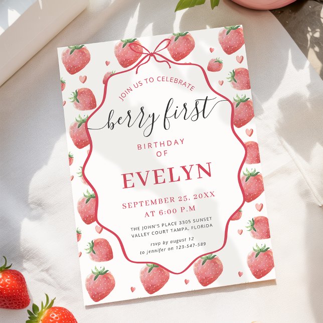Invitación Pink Watercolor Strawberry Bow Berry 1st Birthday (Subido por el creador)