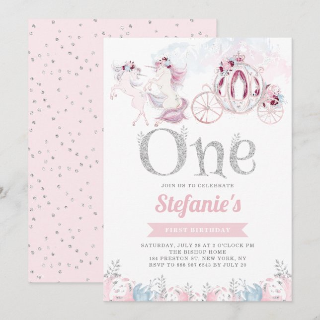 Invitación Pink Watercolor Unicorn Primer cumpleaños (Anverso / Reverso)