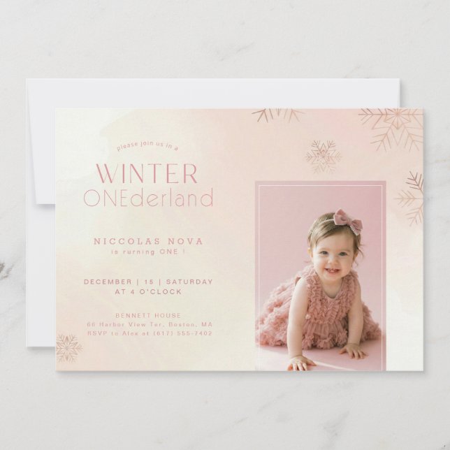 Invitación Pink Watercolor Winter Onederland Birthday Photo (Anverso)