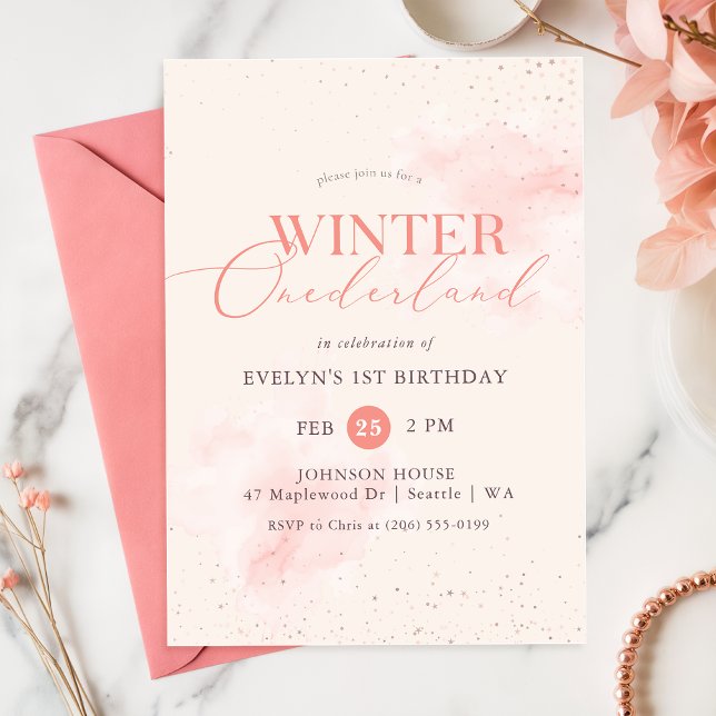 Invitación Pink Watercolor Winter Onederland Girl Birthday (Subido por el creador)