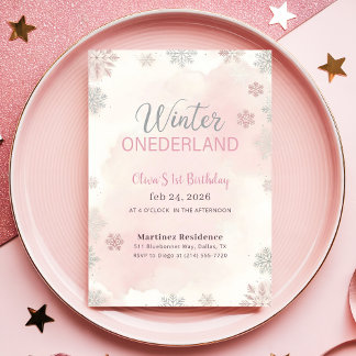 Invitación Pink Watercolor Winter Wonderland First Birthday