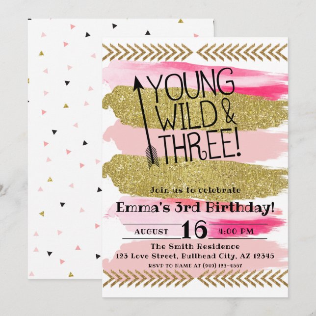 Invitación Pink Watercolor Young Wild y Tres Años (Anverso / Reverso)