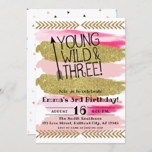 Invitación Pink Watercolor Young Wild y Tres Años