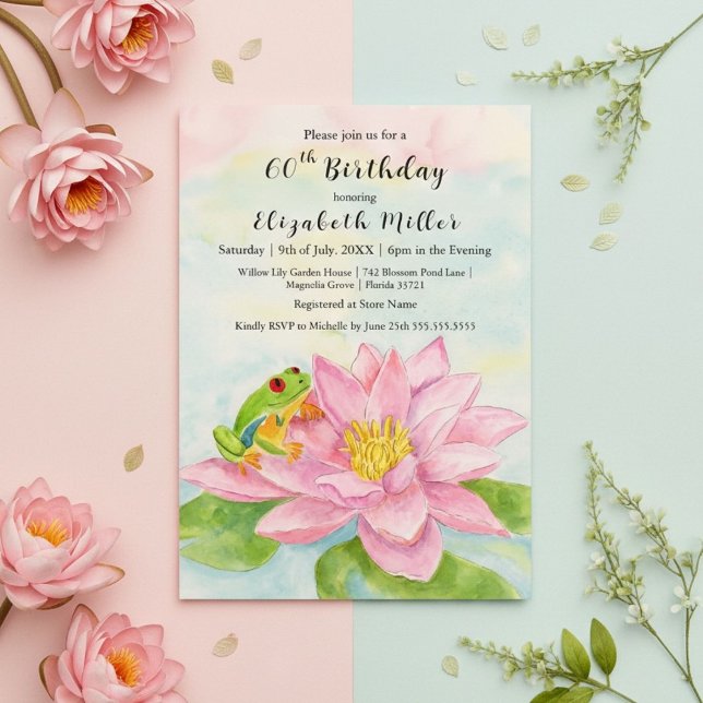 Invitación Pink Waterlily & Tree Frog Any Age Birthday  (Subido por el creador)