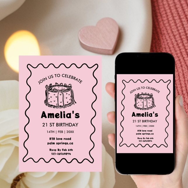 Invitación Pink Wavy Birthday hand drawn cake (Subido por el creador)
