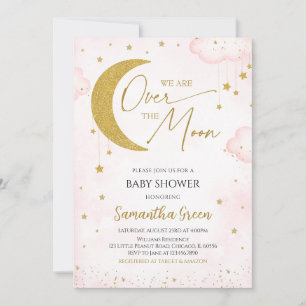 Invitación Pink We are Over the Moon Baby Shower Invitation