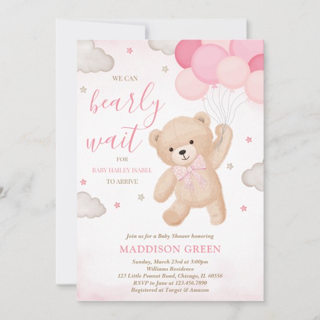 Invitación Pink We Can Bearly Wait Baby Shower (Anverso)