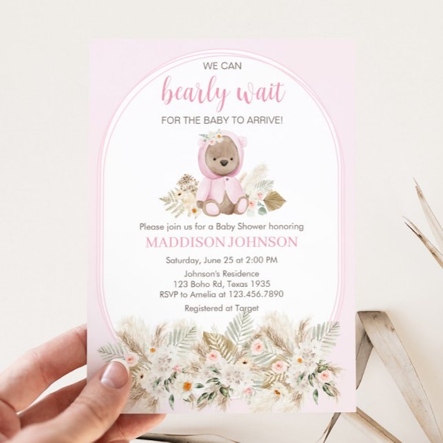 Invitación Pink We Can Bearly Wait Baby Shower  (Girl We Can Bearly Wait Baby Shower Invitation)