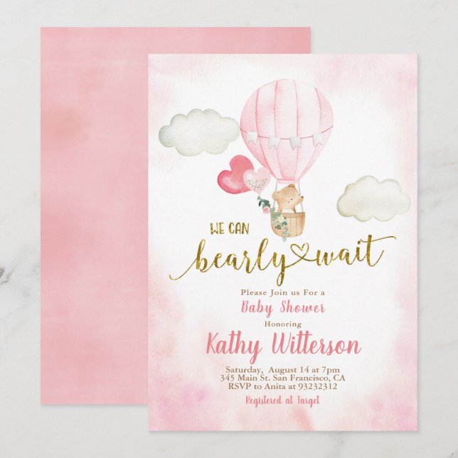 Invitación Pink We can Bearly Wait Baby Shower (Anverso / Reverso)