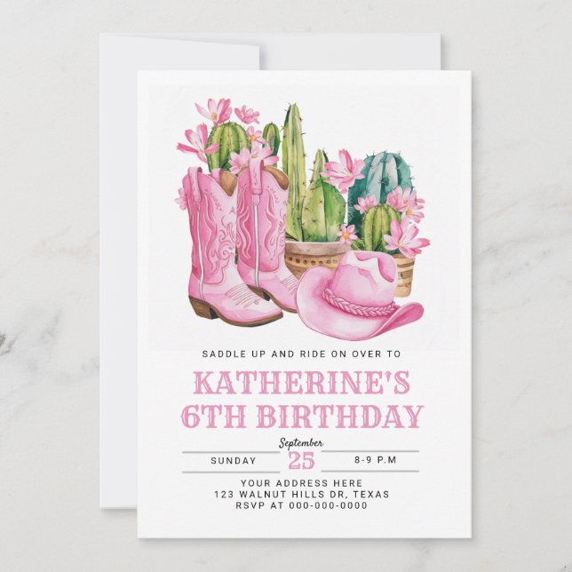Invitación Pink West Cowgirl Cactus Watercolor Cumpleaños (Anverso)